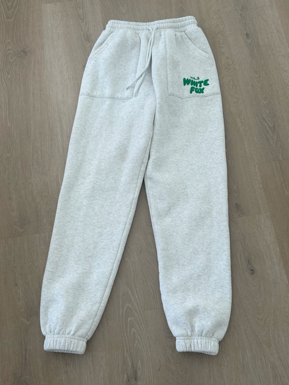 White Fox Light Gray Sweatpants Joggers Green Logo XXS